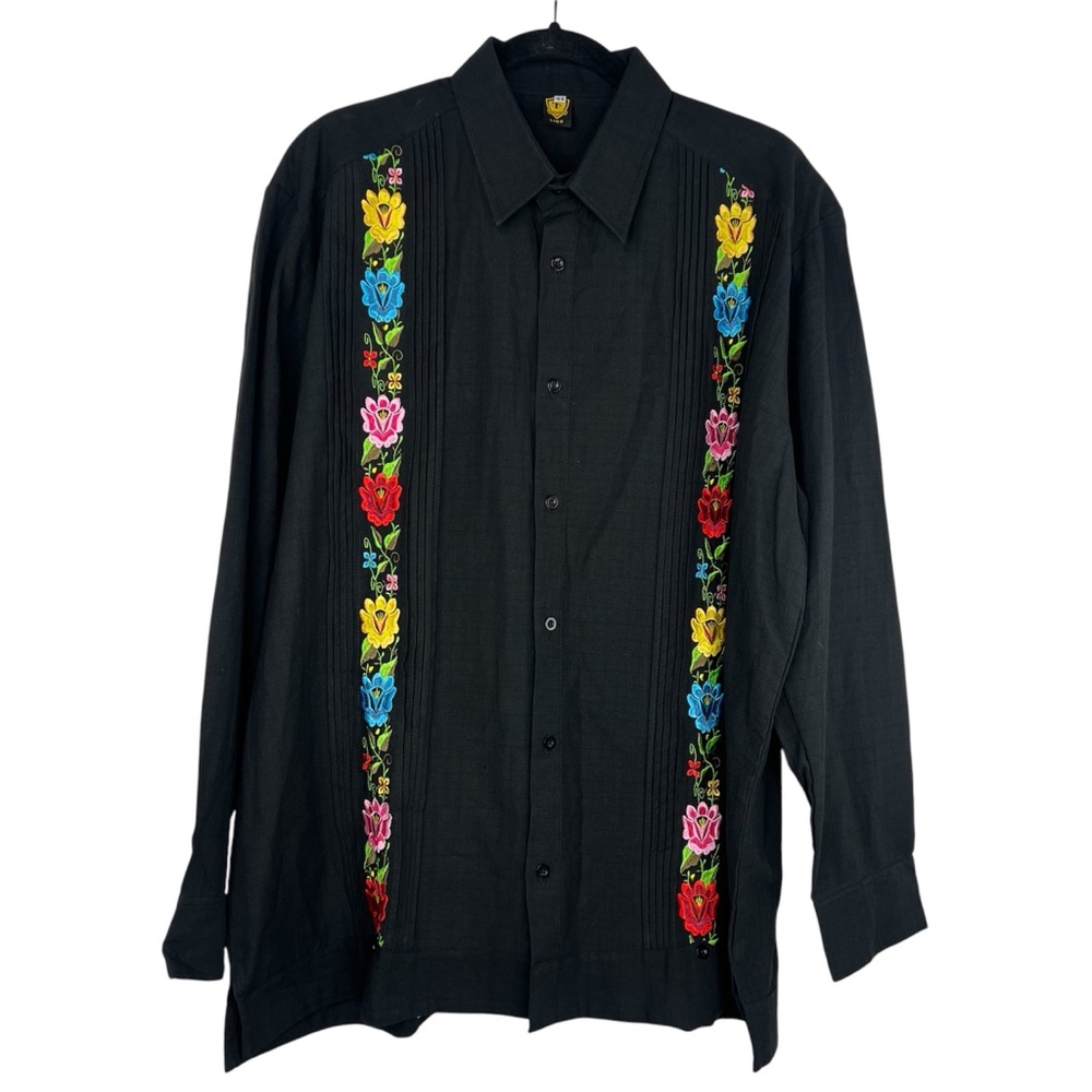 Mexican Guayabera Wedding Linen Shirt Size 44 Black Embroidery Handcrafted